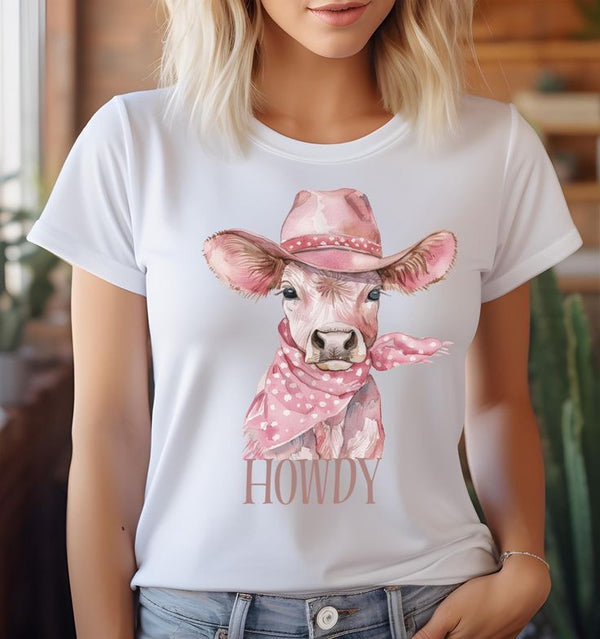 Camiseta Vaca Rosada Howdy Mujer