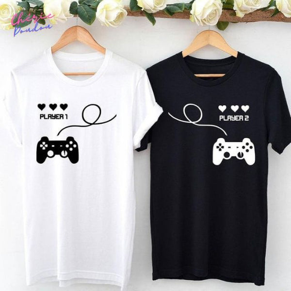 Camisetas de Pareja Player 1, Player 2 NEGRO/BLANCO